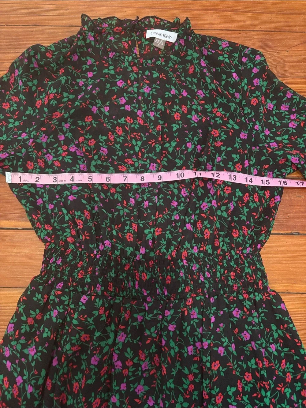 Ladies' Black Floral Midi Dress with Magenta & Red Blooms